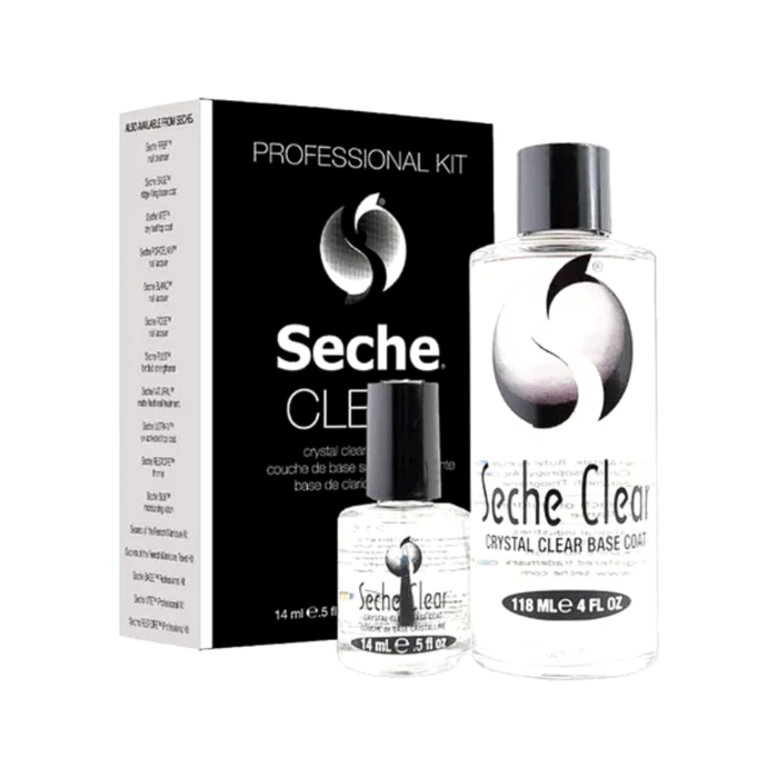 83047 SECHE VITE Crystal Clear Base Coat 14ml 118ml | Seche Clear Crystal-Clear Base Coat Professional Kit, featuring a 118 ml clear bottle, a 14 ml glass bottle, and a black and white product box.