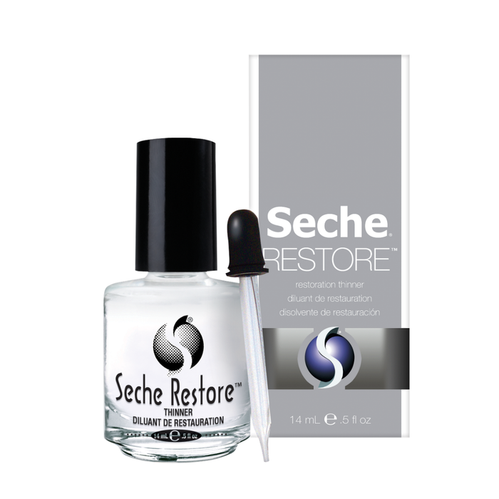 83045 SECHE Restore Professional Nail Polish Thinners 14ml |  Seche Restore nail polish thinner bottle with dropper and packaging on a white background
