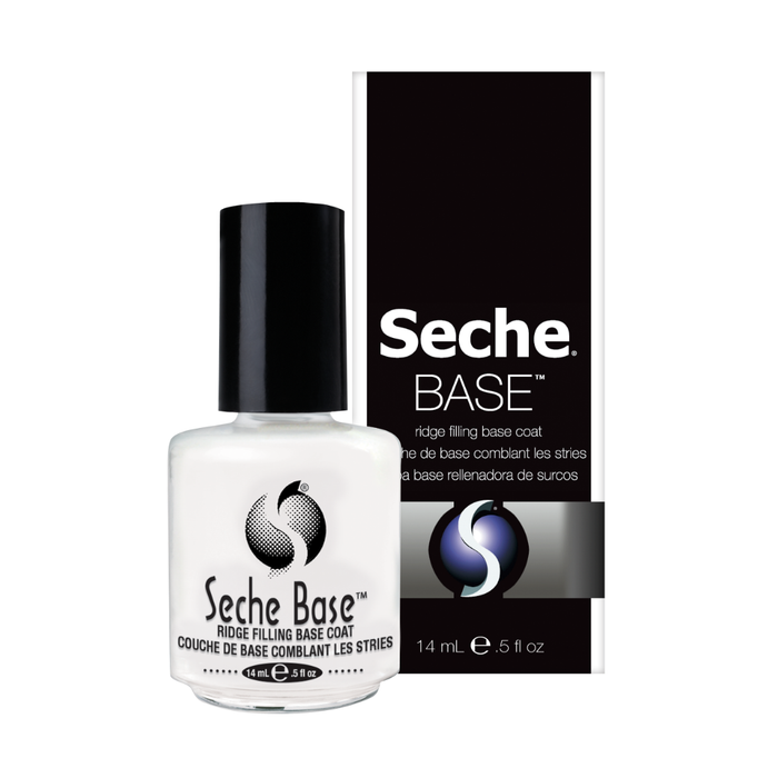 83113 SECHE Base Ridge Filling Base Coat 14ml | A bottle of Seche Base ridge filling base coat next to its black and white retail box, on a plain white background.