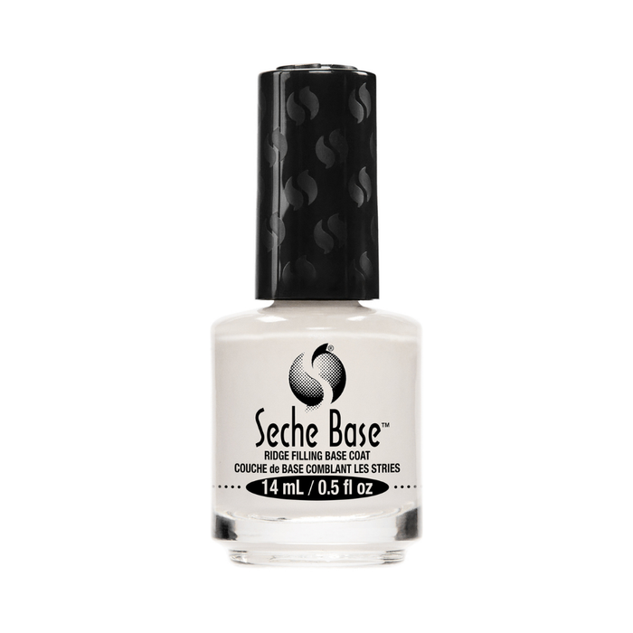 83113 SECHE Base Ridge Filling Base Coat 14ml | A bottle of Seche Base Ridge Filling Base Coat nail polish in a light off-white shade, featuring a black cap and a white label with black text.