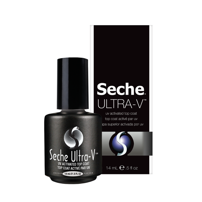 83142 SECHE VITE Ultra-V UC Activated Top Coat 14ml | A bottle of Seche Ultra-V UV Activated Top Coat next to its black and white retail box, shown on a plain white background.