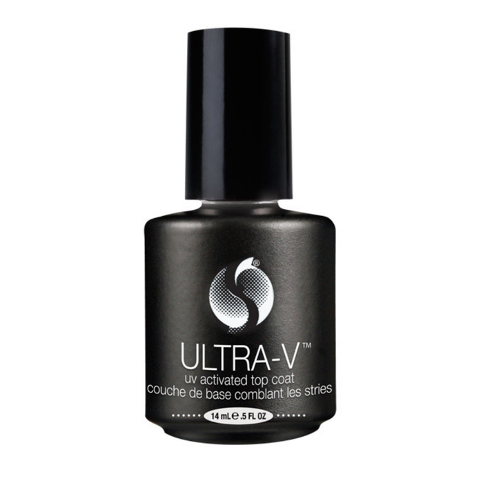 83142 SECHE VITE Ultra-V UC Activated Top Coat 14ml | A bottle of Seche Ultra-V UV activated topcoat nail gel polish on a solid white background.