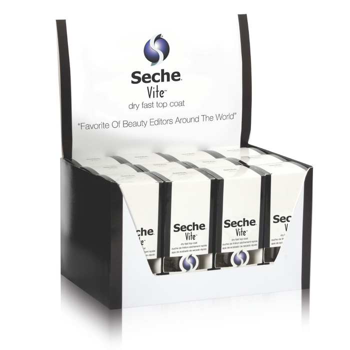 83102 SECHE Vite 12-piece 14ml Quick Drying Professional Top Coat Display Pack | A display box of Seche Vite dry fast topcoat, showing multiple individual packets arranged in a black and white retail counter display against a white background.