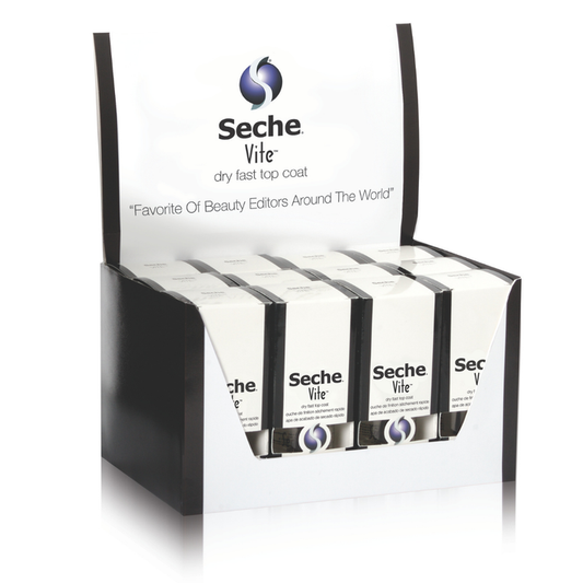 83102 SECHE Vite 12-piece 14ml Quick Drying Professional Top Coat Display Pack | A display box of Seche Vite dry fast topcoat, showing multiple individual packets arranged in a black and white retail counter display against a white background.