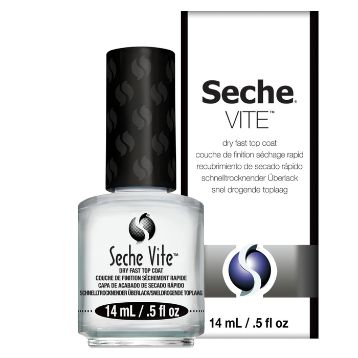 83100 SECHE Vite 14ml Quick Drying Professional Top Coat | A bottle of Seche Vite dry fast top coat alongside its retail box, both featuring black and white packaging with the Seche brand name and logo.