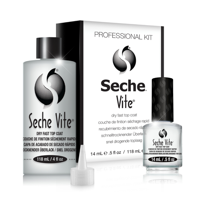 83040 SECHE Vite 14ml 118ml Professional Quick Drying Top Coat Refill Kit | Seche Vite Professional Kit nail topcoat set, including a 118ml clear bottle, a small 14ml clear bottle with black cap, a white small funnel tip, and a white-and-black product box on a white background.