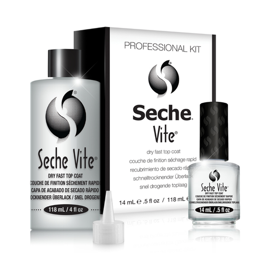 83040 SECHE Vite 14ml 118ml Professional Quick Drying Top Coat Refill Kit | Seche Vite Professional Kit nail topcoat set, including a 118ml clear bottle, a small 14ml clear bottle with black cap, a white small funnel tip, and a white-and-black product box on a white background.