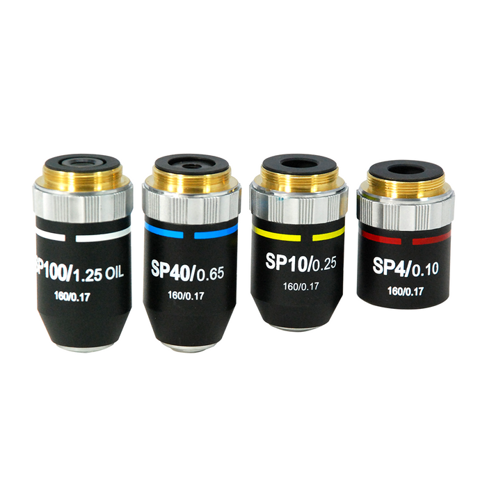 Semi-Plan Achromatic Microscope Objective Lens Set (Oil Spring) 4X 10X 40X 100X, SKU BM13033021, three quarter front view