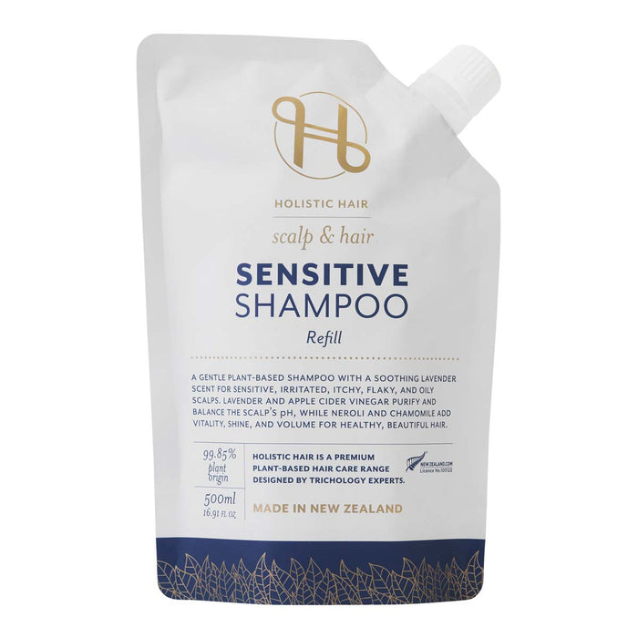 Holistic Hair sensitive shampoo refill pack on a white background