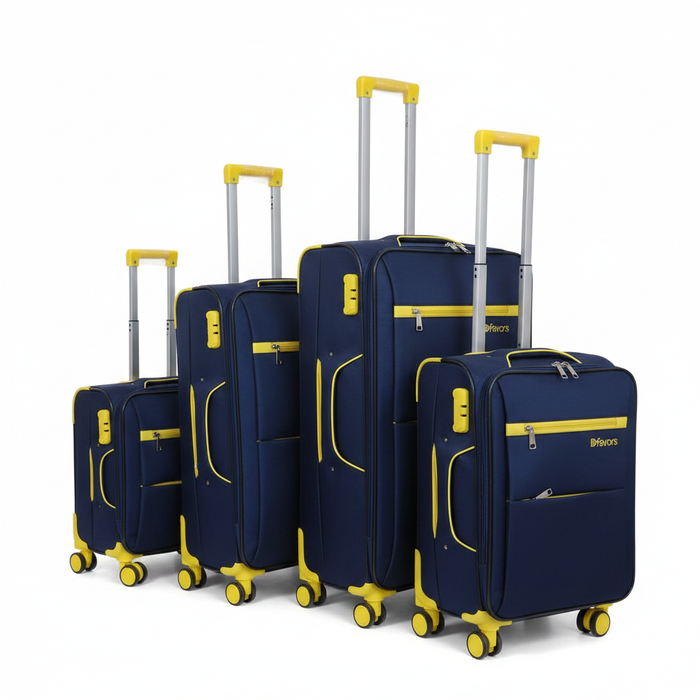 Dfavors Set of 4 Navy Blue and Yellow Fabric Trolley Suitcases