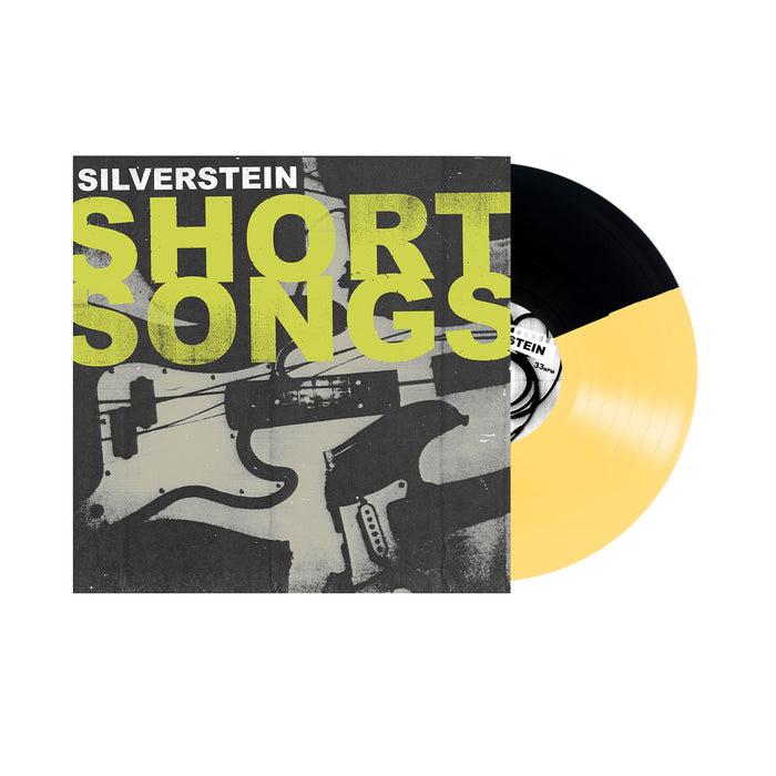 Album cover for Silversteins Short Songs: bold yellow-green text over a black-and-white guitar, with a Yellow/Black Vinyl visible—capturing the raw punk rock energy from Silverstein.