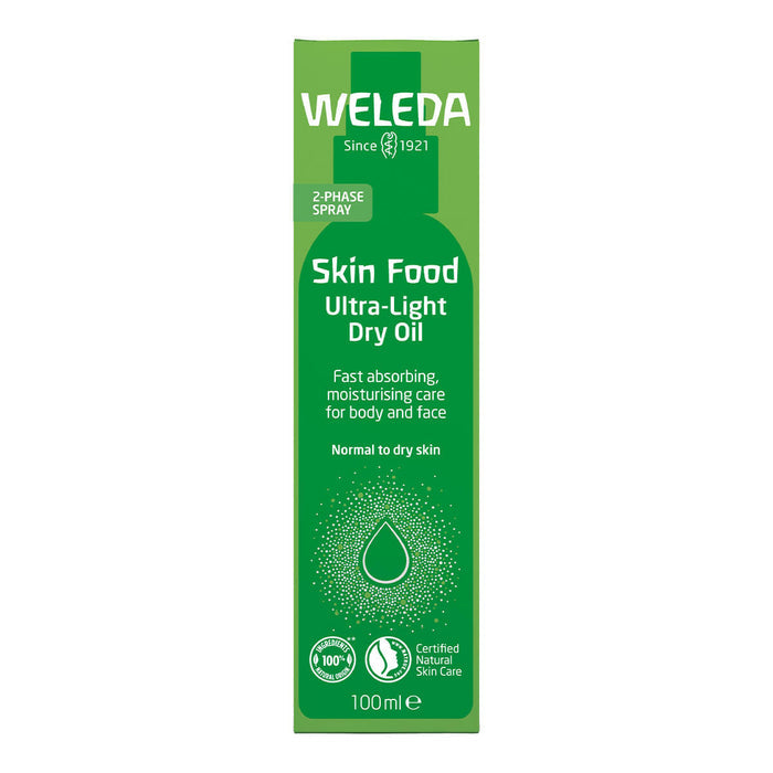 100ml box of Weleda Skin Food Ultra-Light Dry Oil, a bi-phase lightweight oil mist that nourishes the skin and leaves it glowing. Instantly absorbs, leaving a dry to the touch finish. Vegan.