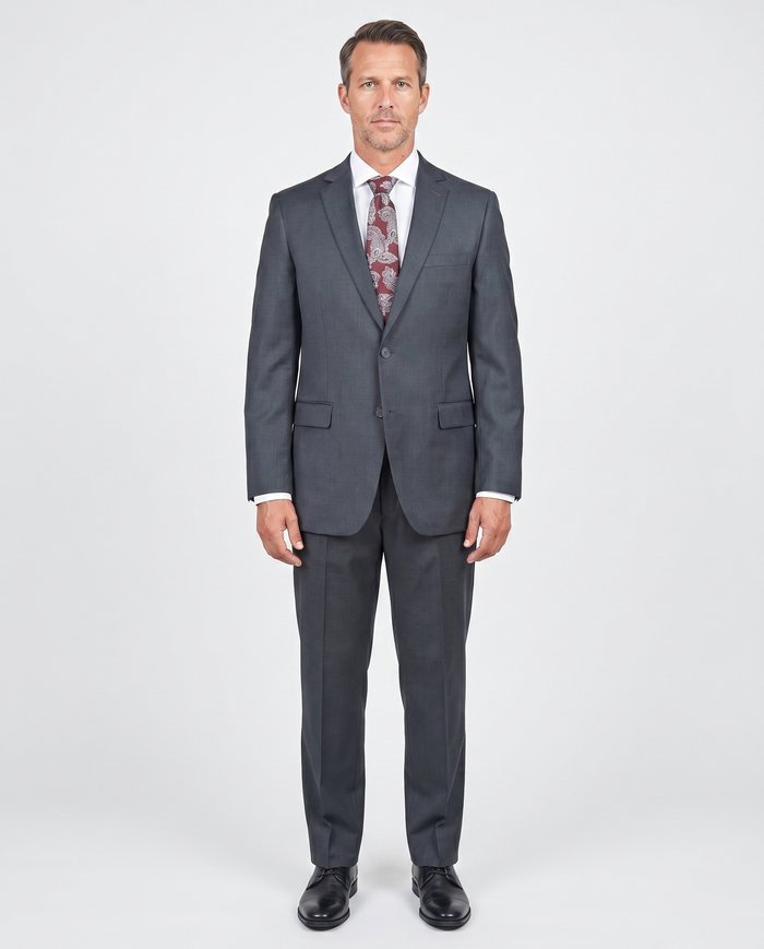 Solid Charcoal Gray Regular Fit 100% Wool 2 Piece Suit With Pleated Pants - The Suit Depot