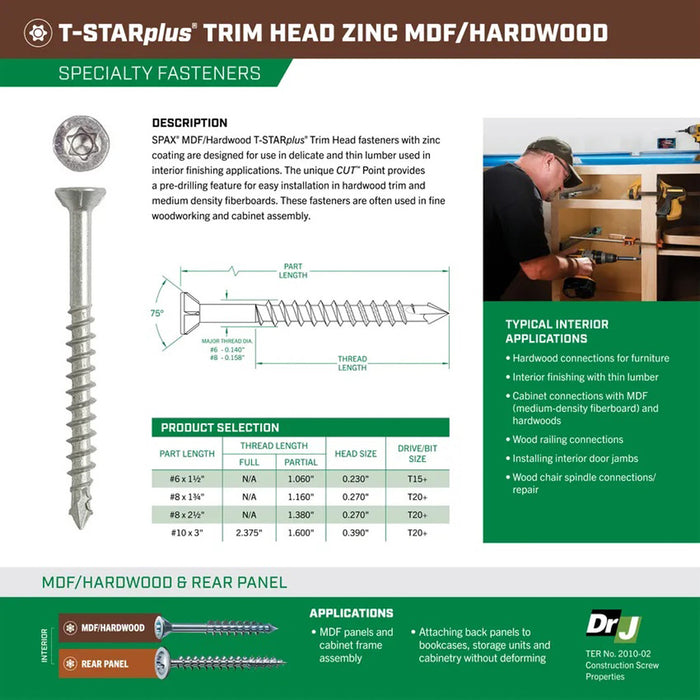 SPAX MDF/Hardwood T-Star Plus Trim Head Screws - CUT-Point, Partial Thread, Zinc