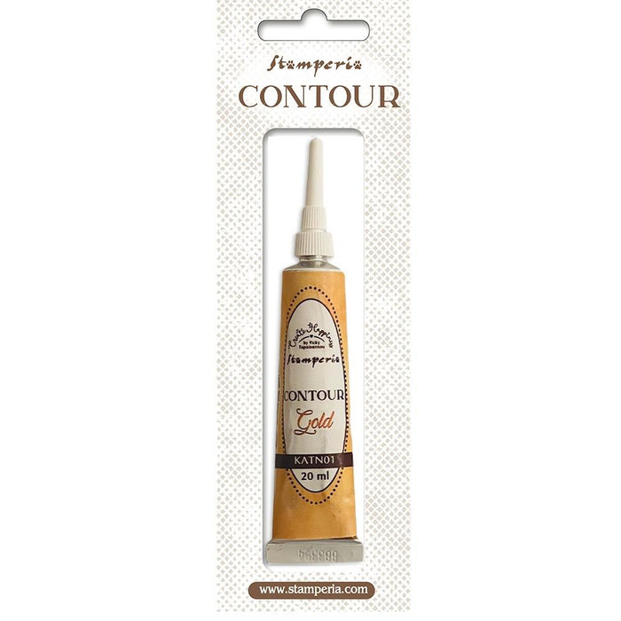 Stamperia - Create Happiness - Contour Liner - 20ml - Gold. The Stamperia Create Happiness Contour Liner comes in a tube of approximately 20 ml and features a fine tip, ideal for drawing, highlighting patterns, and creating 3D decorations. Available at Embellish Away located in Bowmanville Ontario Canada.