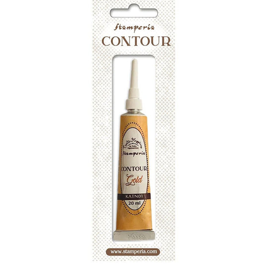 Stamperia - Create Happiness - Contour Liner - 20ml - Gold. The Stamperia Create Happiness Contour Liner comes in a tube of approximately 20 ml and features a fine tip, ideal for drawing, highlighting patterns, and creating 3D decorations. Available at Embellish Away located in Bowmanville Ontario Canada.