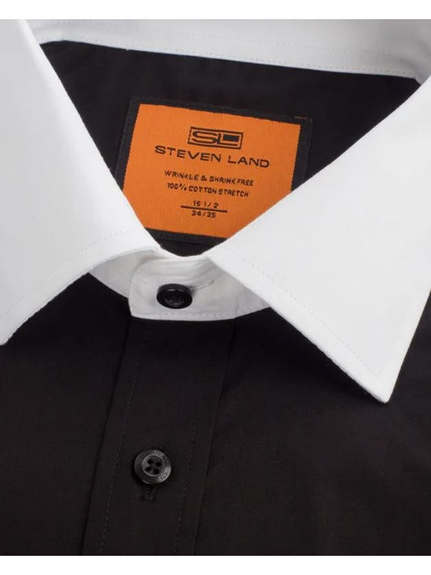 Steven Land Black Contrast Collar French Cuff Cotton Poplin Dress Shirt