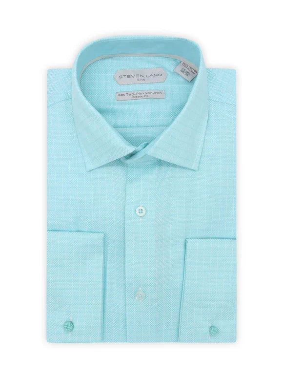 Steven Land Mens Aqua Blue Classic Fit French Cuff 100% Cotton Dress Shirt