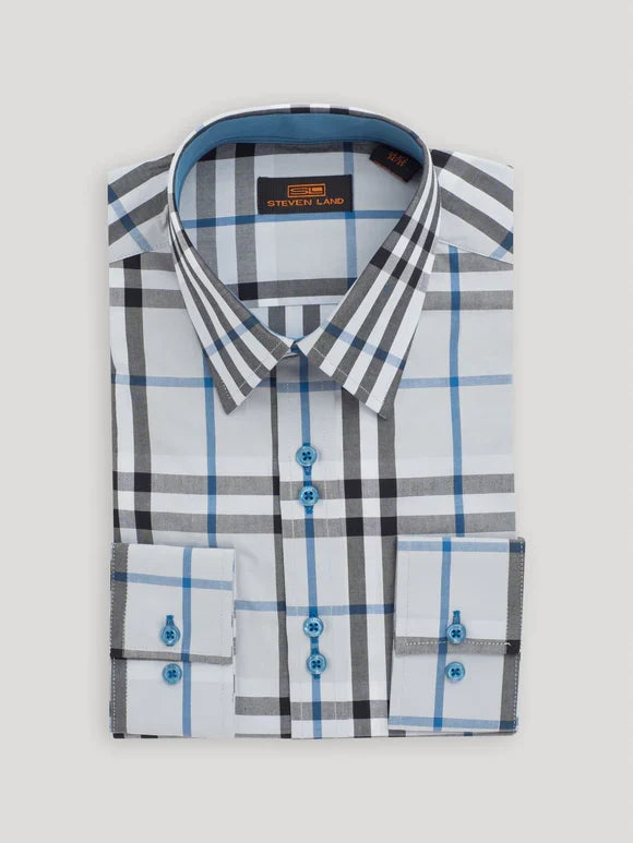 Steven Land Mens Blue Plaid Classic Fit 100% Cotton Dress Shirt - The Suit Depot