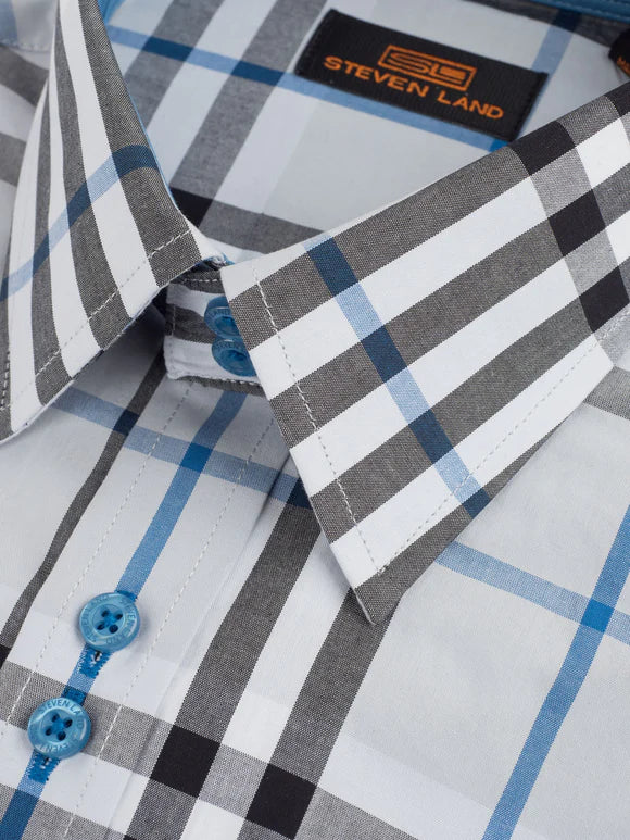 Steven Land Mens Blue Plaid Classic Fit 100% Cotton Dress Shirt - The Suit Depot