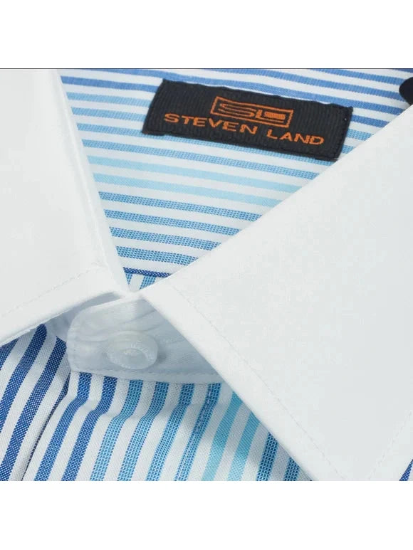 Steven Land Mens Blue Striped French Cuff 100% Cotton Dress Shirt