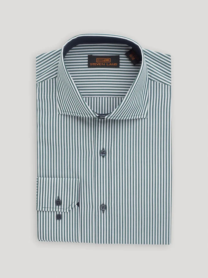 Steven Land Mens Classic Fit Green & White Striped 100% Cutaway Collar Cotton Dress Shirt