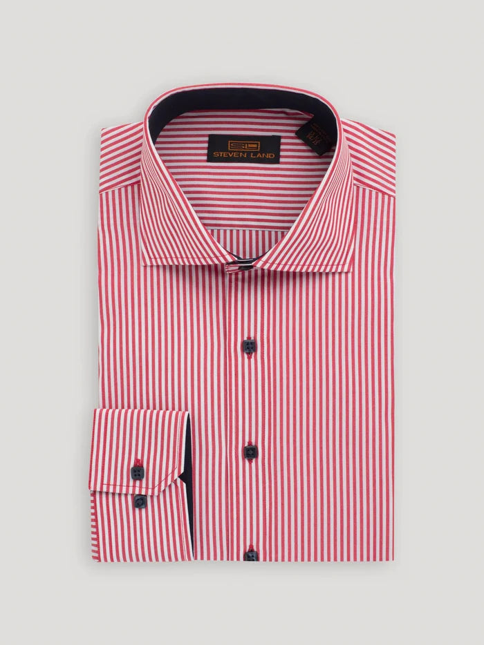 Steven Land Mens Classic Fit Red & White Striped 100% Cotton Cutaway Collar Dress Shirt - The Suit Depot