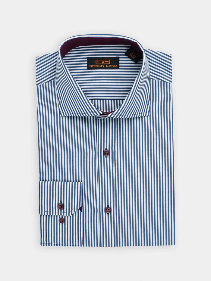 Steven Land Mens Navy & White Striped 100% Cotton Barrel Cuff Cutaway Collar Dress Shirt