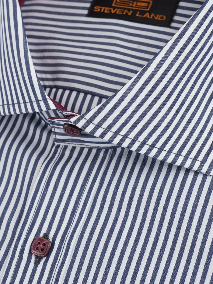 Steven Land Mens Navy & White Striped 100% Cotton Barrel Cuff Cutaway Collar Dress Shirt
