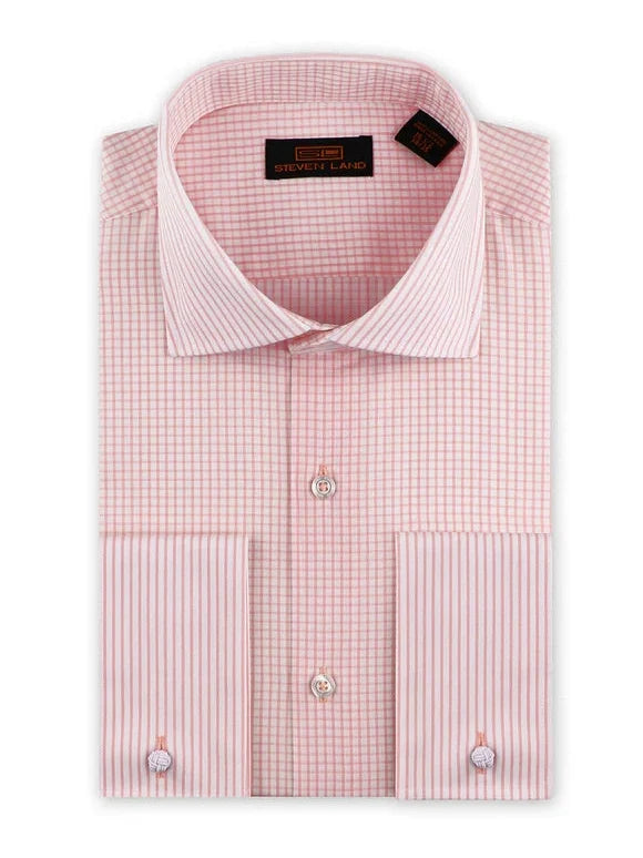 Steven Land Mens Pink Check Classic Fit 100% Cotton French Cuff Cutaway Collar Dress Shirt