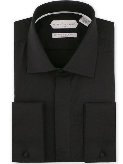 Steven Land Mens Solid Black Regular Fit Cotton French Cuff Dress Shirt - The Suit Depot