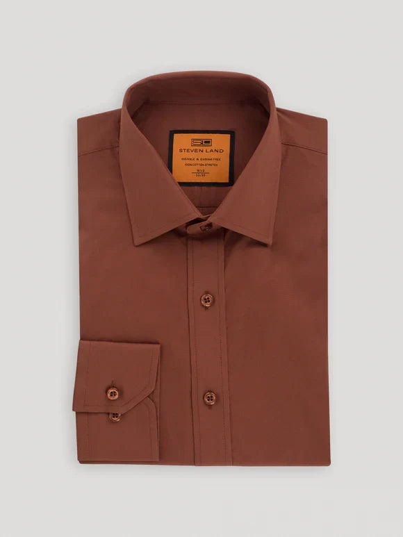 Steven Land Mens Solid Brown Slim Fit Spread Collar Wrinkle Free Stretch Cotton Dress Shirt