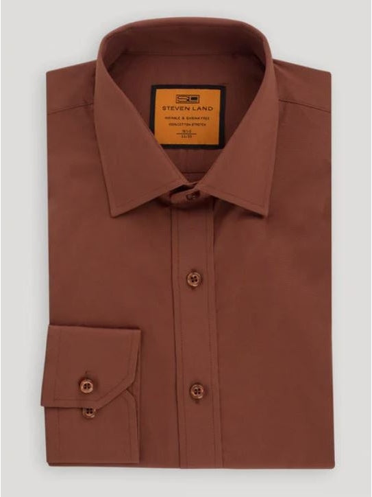 Steven Land Mens Solid Brown Spread Collar Wrinkle Free Stretch Cotton Dress Shirt