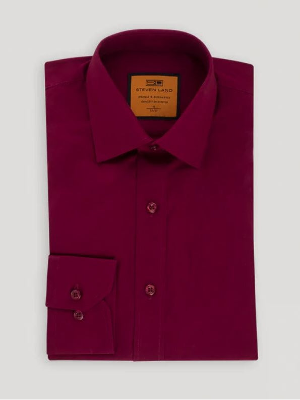 Steven Land Men's Solid Burgundy Spread Collar Wrinkle Free Stretch Cotton Dress Shirt - The Suit Depot