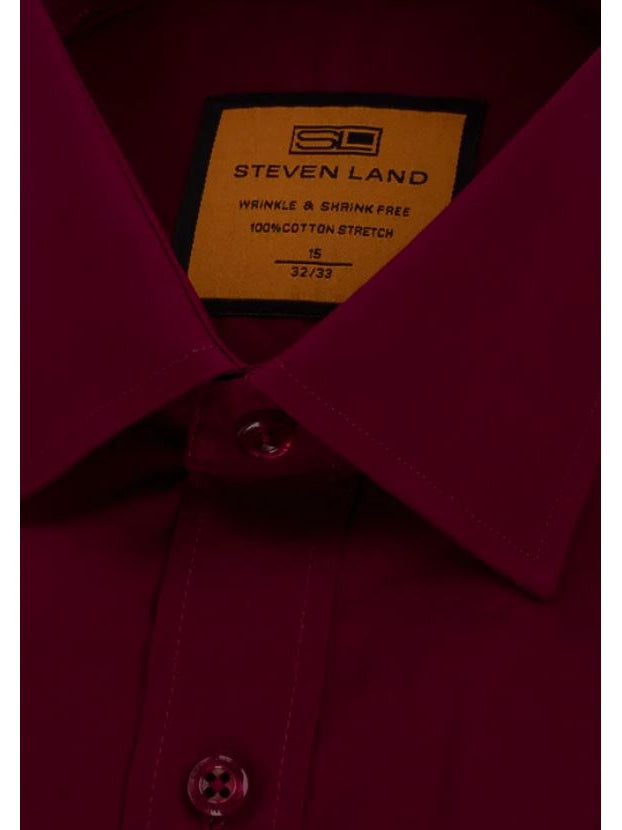Steven Land Men's Solid Burgundy Spread Collar Wrinkle Free Stretch Cotton Dress Shirt - The Suit Depot