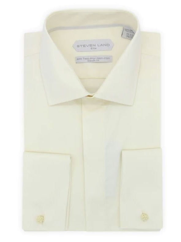 Steven Land Mens Solid Cream Regular Fit Cotton French Cuff Dress Shirt - The Suit Depot