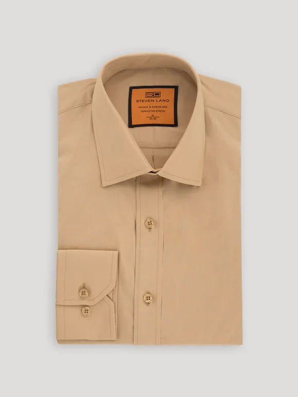 Steven Land Men's Solid Khaki Tan Spread Collar Wrinkle Free Stretch Cotton Dress Shirt