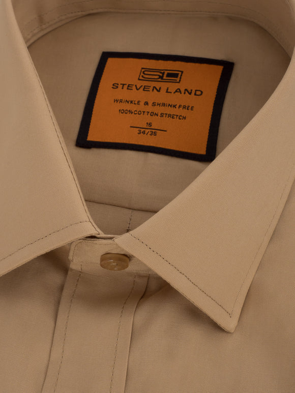 Steven Land Men's Solid Khaki Tan Spread Collar Wrinkle Free Stretch Cotton Dress Shirt