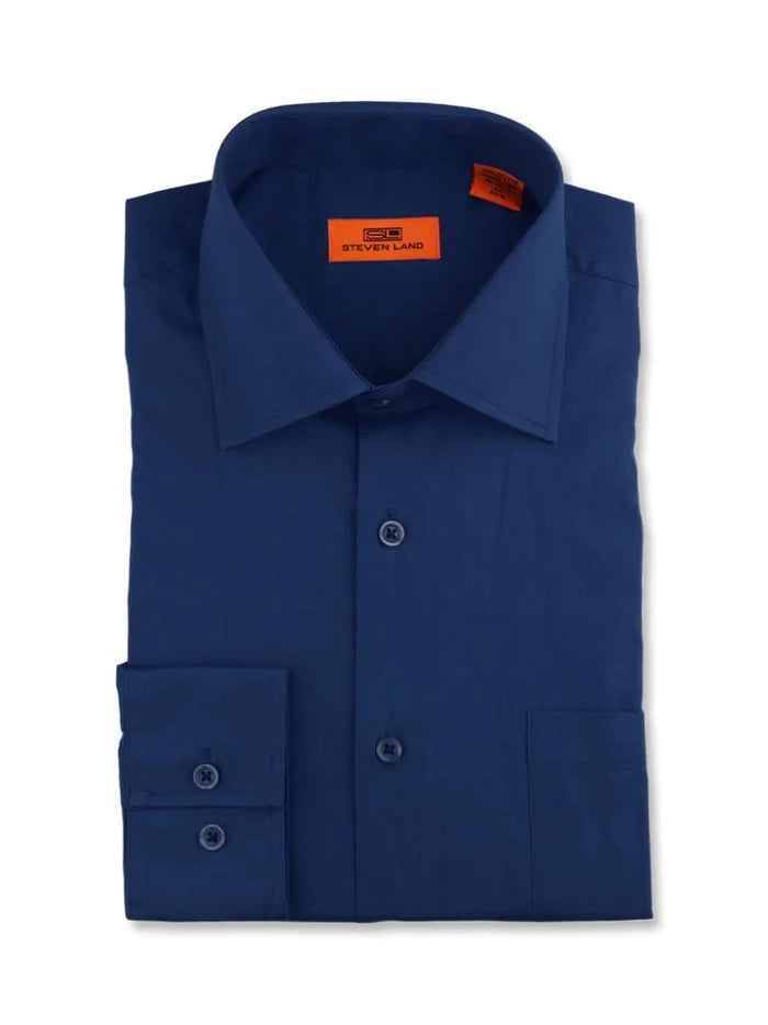 Steven Land SHIRTS Steven Land Mens Solid Navy Blue Spread Collar Wrinkle Free Cotton Dress Shirt