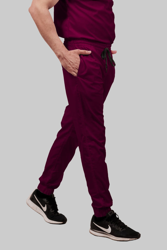 Stretchable (4Way) Women Wine Mandarin Neck With Jogger Scrub Set