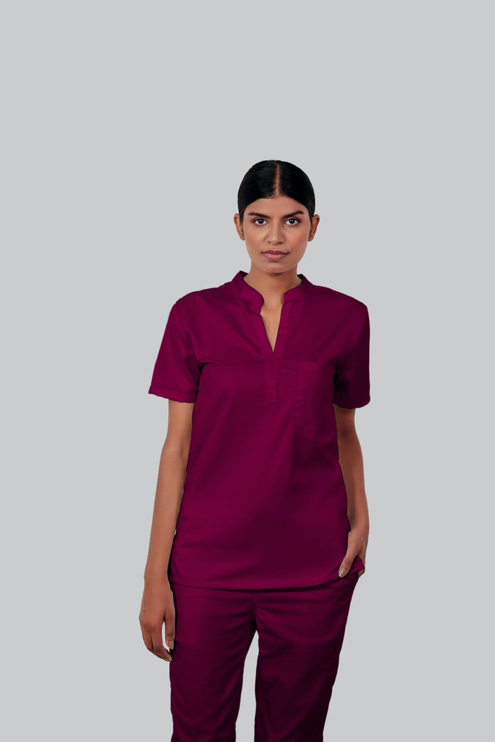 Stretchable (4Way) Women Wine Mandarin Neck With Jogger Scrub Set