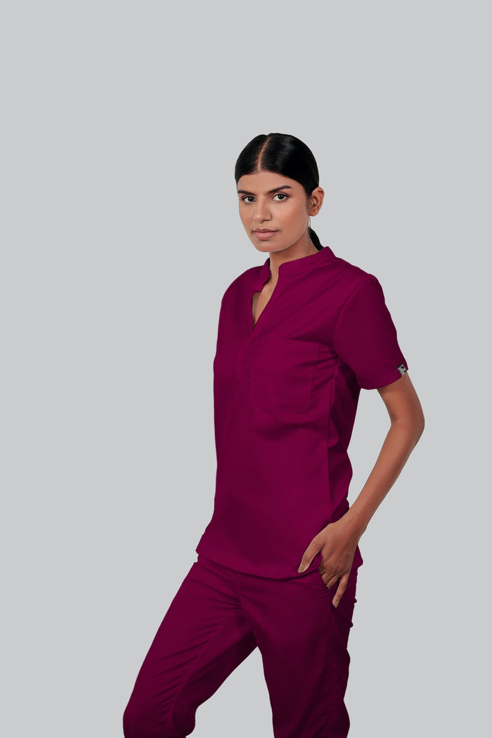 Stretchable (4Way) Women Wine Mandarin Neck With Jogger Scrub Set
