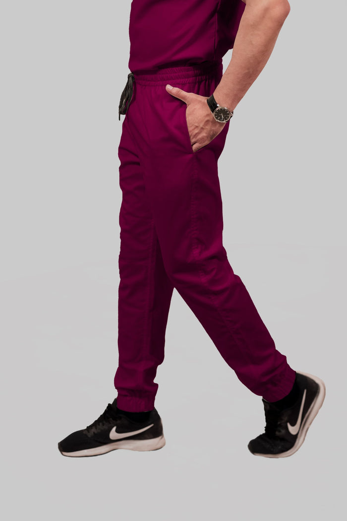 Stretchable (4Way) Women Wine Mandarin Neck With Jogger Scrub Set