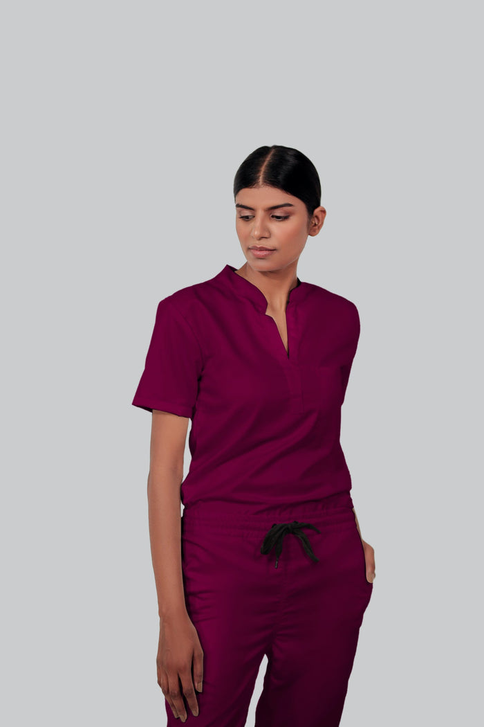 Stretchable (4Way) Women Wine Mandarin Neck With Jogger Scrub Set