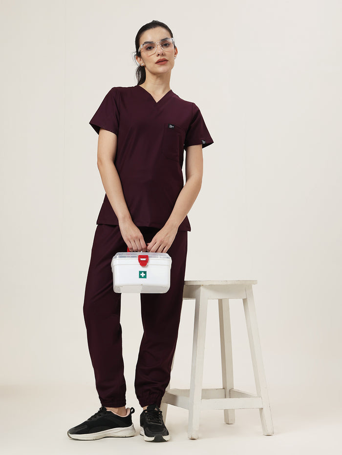 Stretchable (4Way) Women Wine V-Neck With Jogger Scrub Set