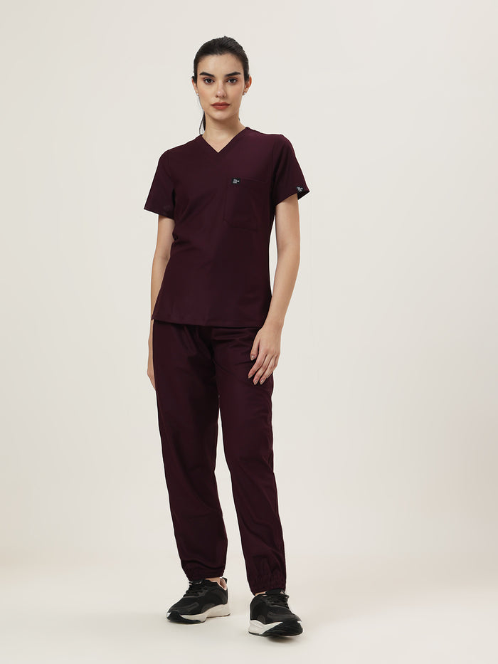 Stretchable (4Way) Women Wine V-Neck With Jogger Scrub Set