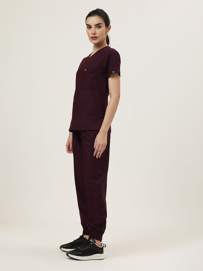 Stretchable (4Way) Women Wine V-Neck With Jogger Scrub Set