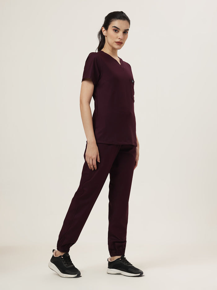 Stretchable (4Way) Women Wine V-Neck With Jogger Scrub Set