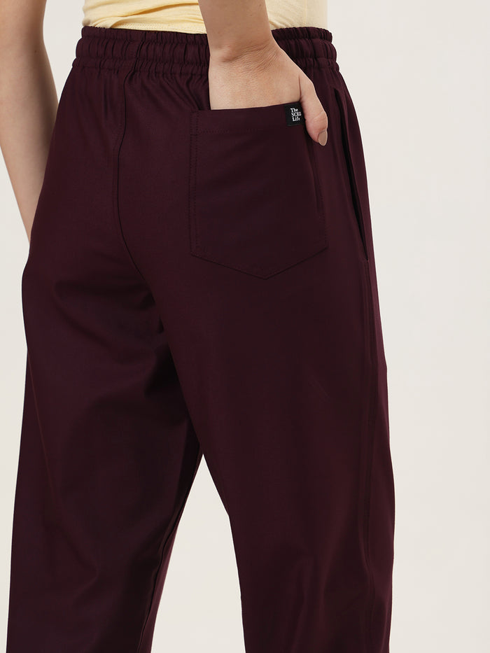 Stretchable (4Way) Women Wine V-Neck With Jogger Scrub Set