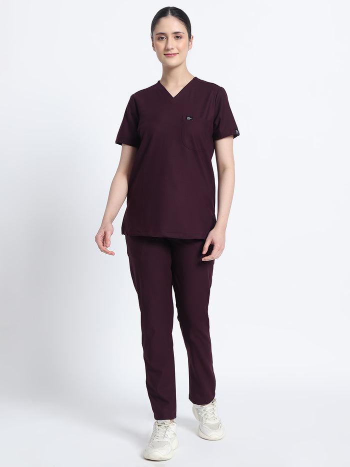 Stretchable (4Way) Women Wine V-Neck With Straight Pant Scrub Set